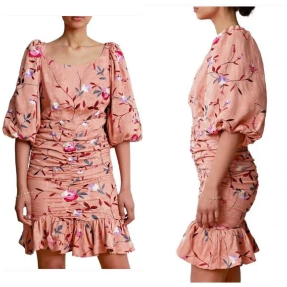 ByTiMo NWT Ruched Floral Blush Embroidered Jacquard Dress Size XS Half Sleeve - Picture 1 of 11